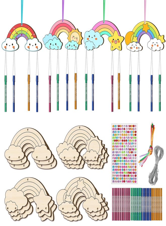 TREACLUB DIY Wind Chime Kit for Kids - Make Your Own Rainbow Coloring Star Moon Sun Arts and Crafts - 12 Pack Wooden Birthday Gifts for Girls Boys - Image 1